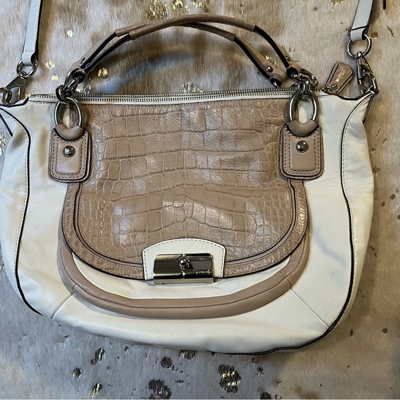 Coach Kristin Satchel Leather White & Tan Croc Embossed Crossbody Bag - Picture 8 of 14